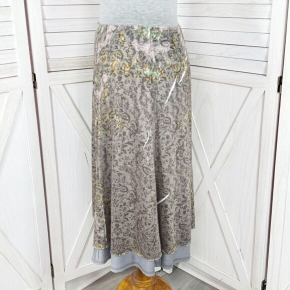 Zoe D Tiered Layer Damask Print Knit A Line Skirt Grey Pink Small Y2K Boho - Picture 3 of 12